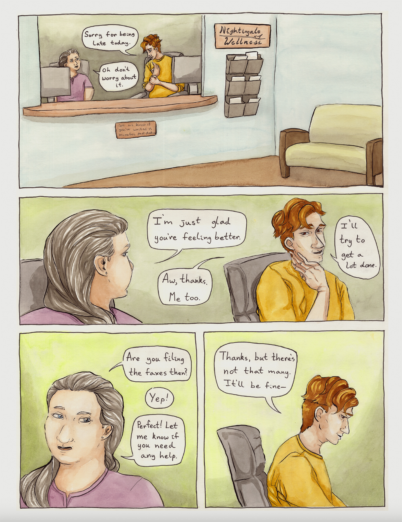 comic page from Against the Floor. Main character is at work talking to coworker. They are filing faxes. Image courtesy of Daniell Stromanthe