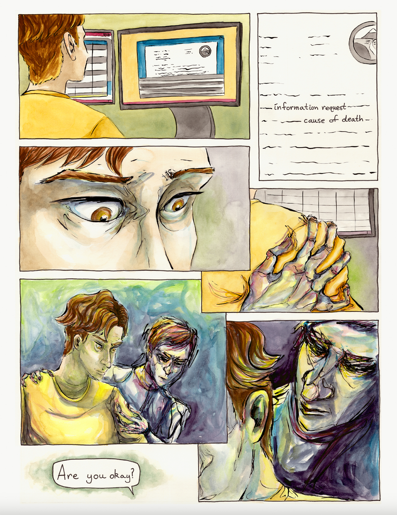 comic page from Against the Floor. Main character sees an information request for a cause of death on the computer. A dark figure appears over their shoulder and their co-worker asks if they're alright. Image courtesy of Daniell Stromanthe