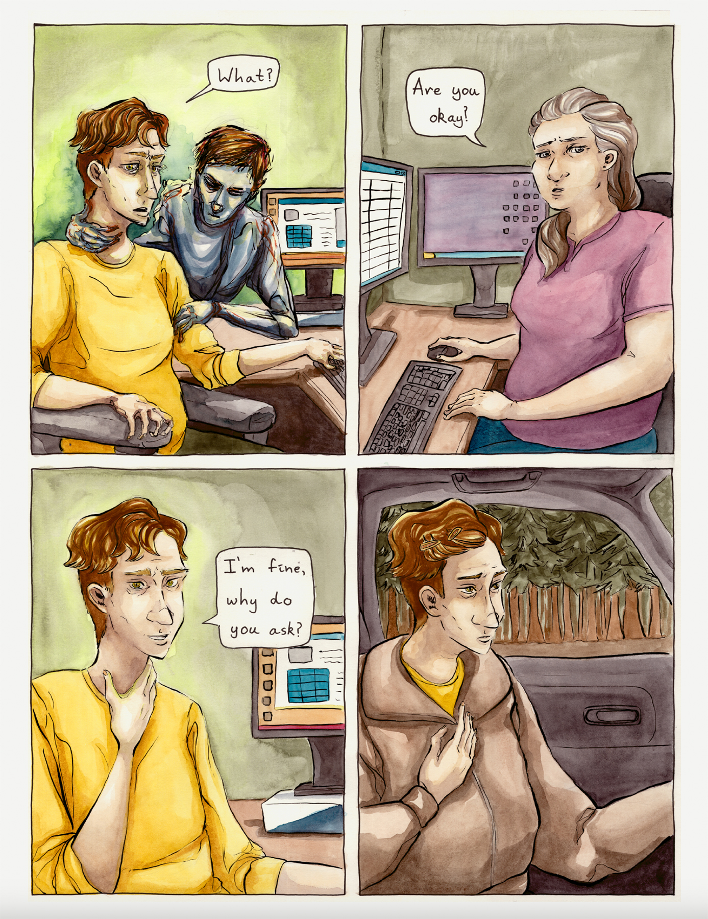 comic page from Against the Floor. Co-worker against asks if the main character is ok; they cannot see the figure standing over their shoulder. Image courtesy of Daniell Stromanthe