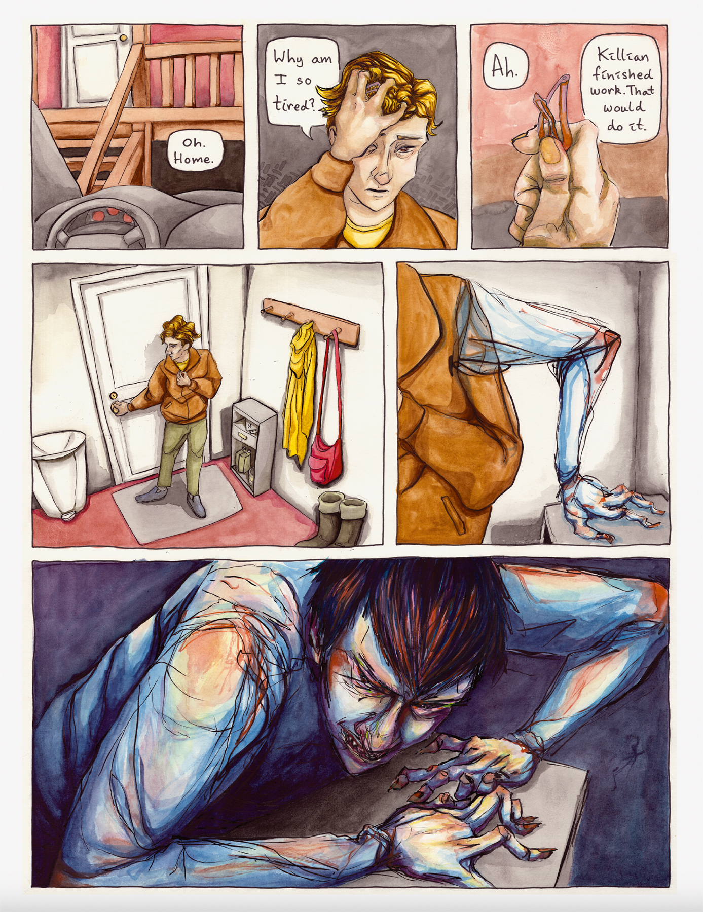 comic page from Against the Floor. Main character arrives home from work, tired. Another dark figure emerges with bared teeth from the main character. Image courtesy of Daniell Stromanthe