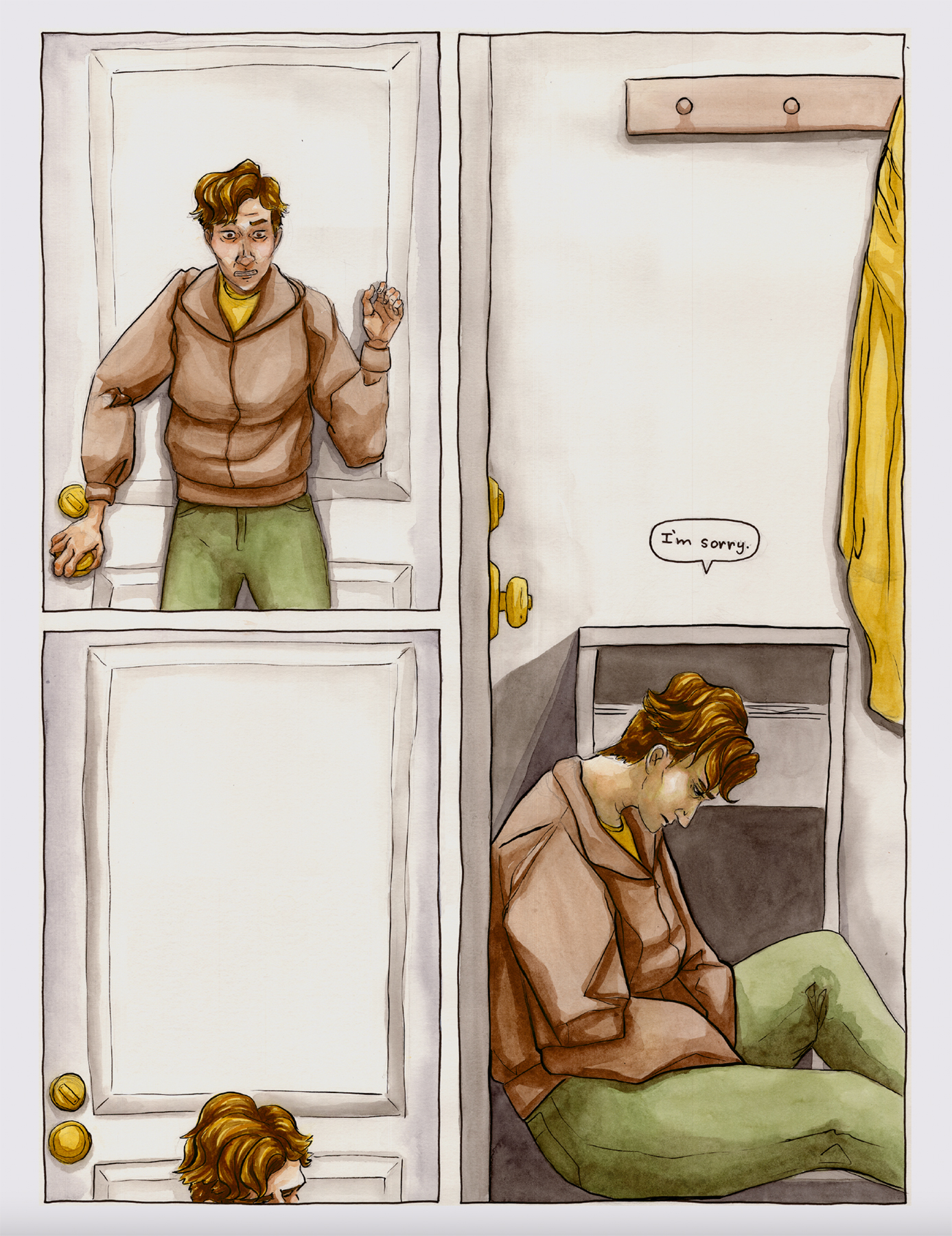 comic page from Against the Floor. The main character Killian slumps in front of a door and apologizes. Image courtesy of Daniell Stromanthe