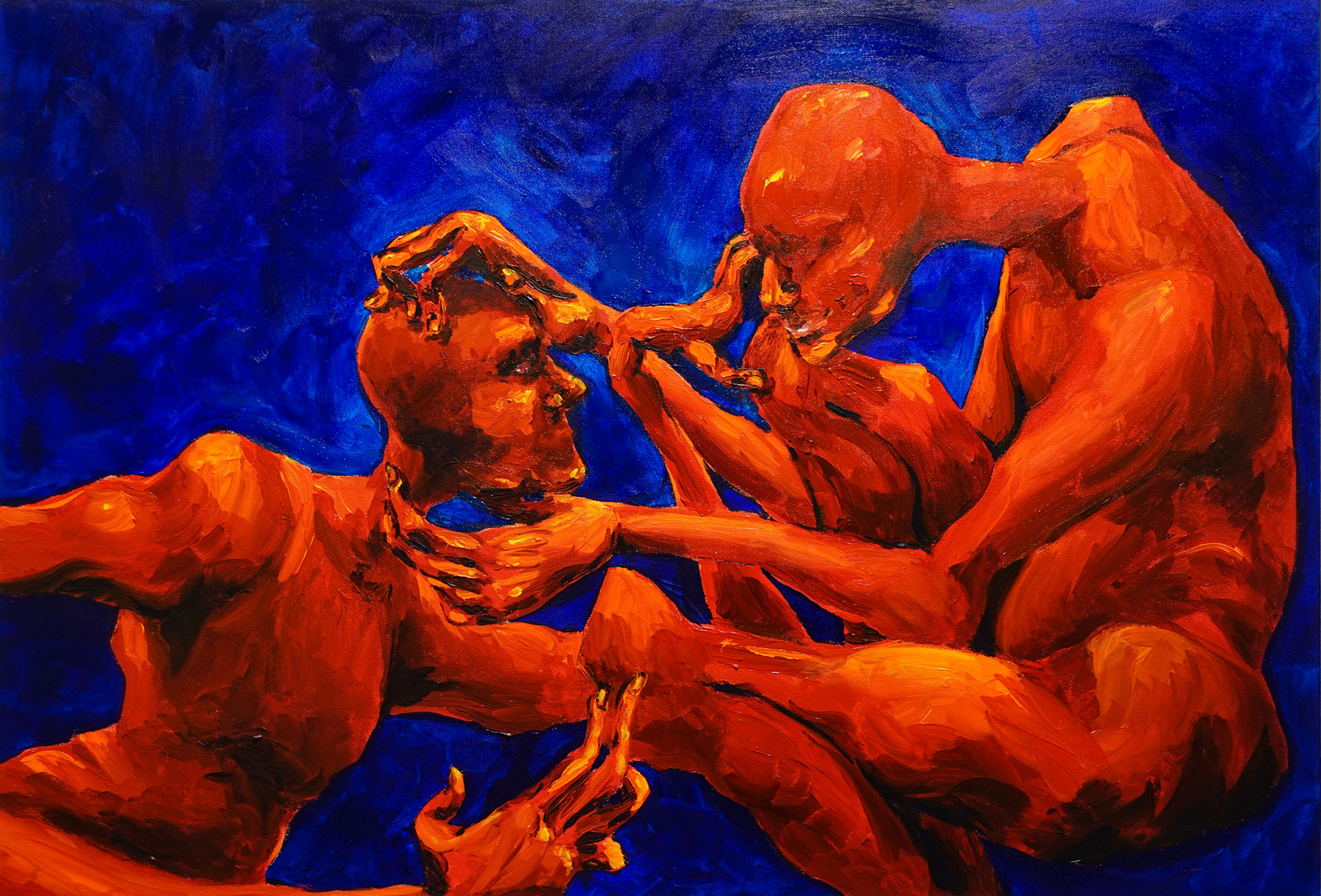 Two vibrant orange contorted figures examining each others' faces. Image courtesy of Daniell Stromanthe