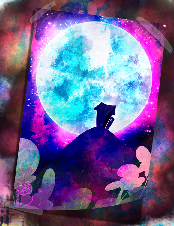 A colorful digital art image of an outhouse atop a hill, silhouetted by a large moon. Image courtesy of David Glover