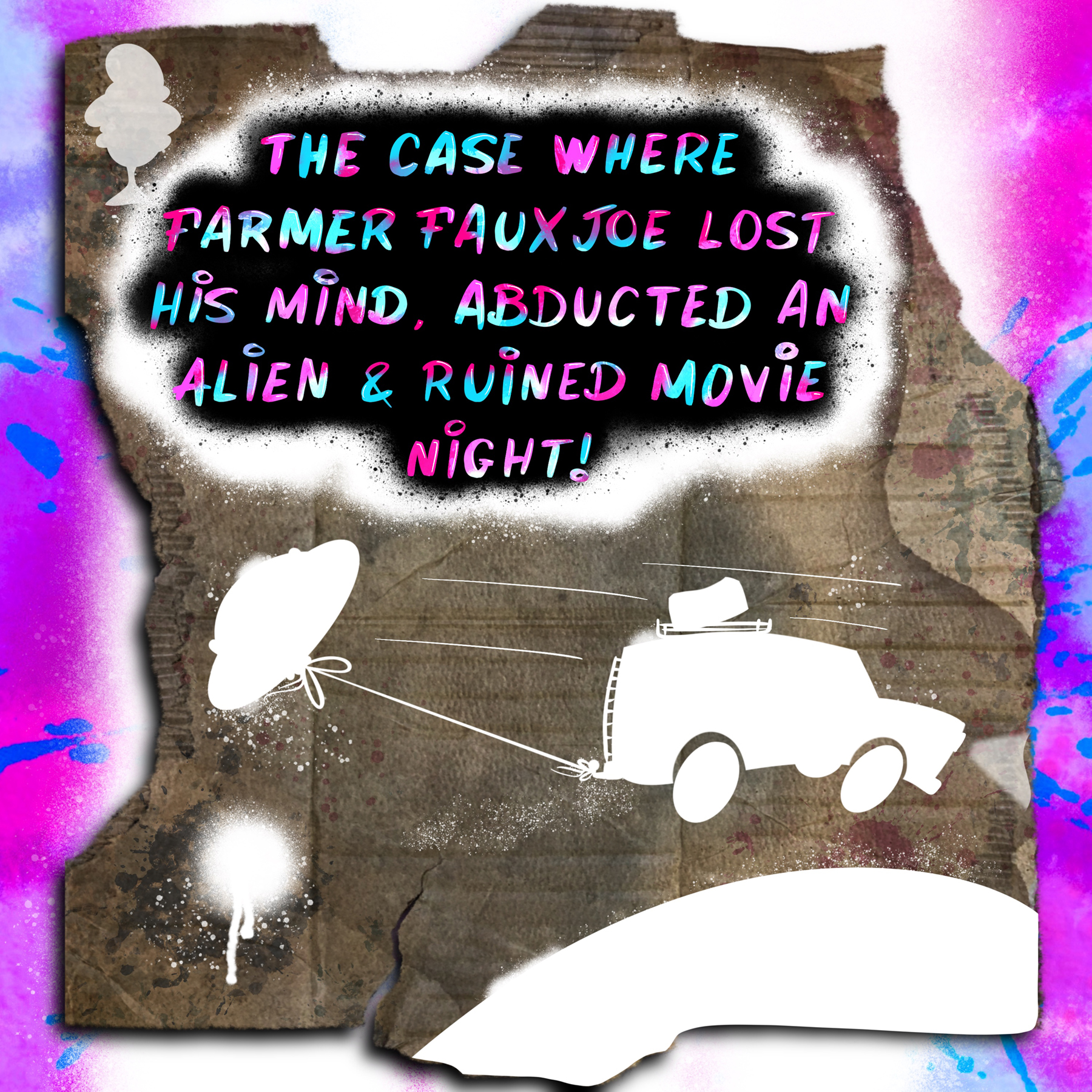 Page from the book The Mudsuckle Ritual "The Case Where Farmer Fauxjoe lost his mind, abducted an alien & ruined movie night!", image courtesy of the artist