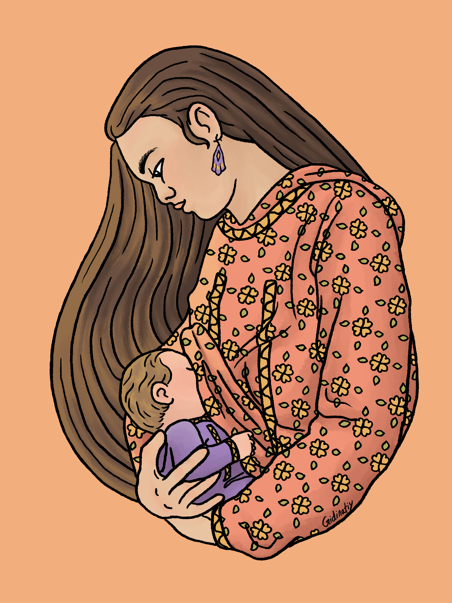 Illustration of a Native Alaskan woman breastfeeding her baby, image courtesy of the artist