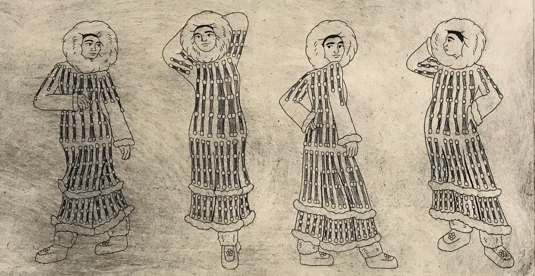 A figure in four poses modeling Native dress, courtesy of the artist