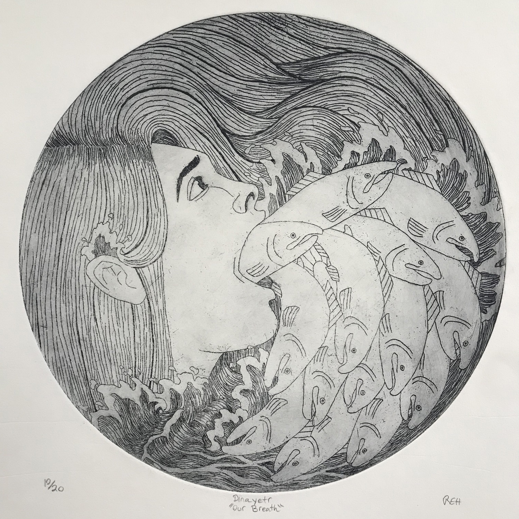 black and white etching of a woman with her mouth open exhaling a school of salmon, courtesy of the artist