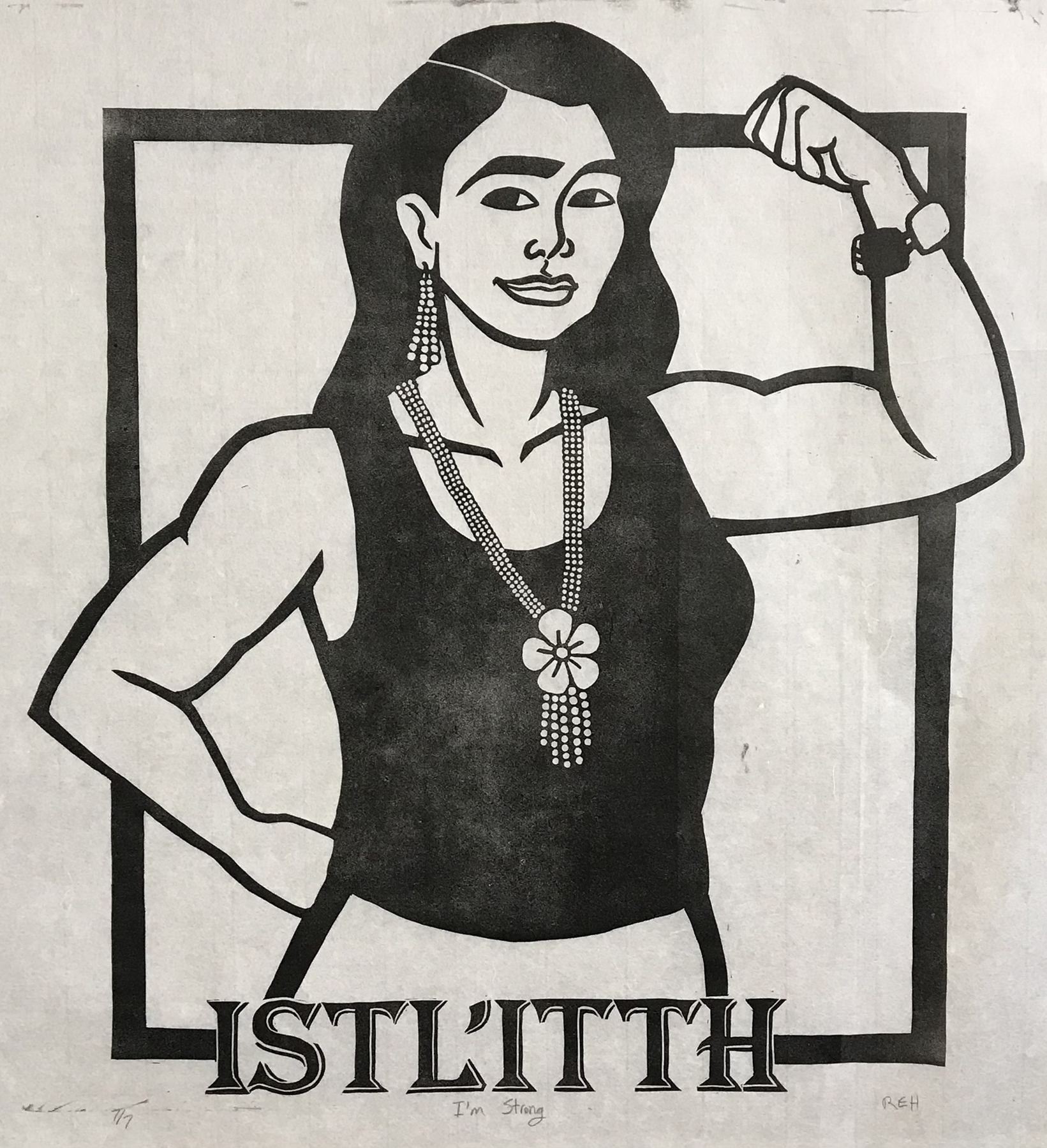 black and white block print of a woman flexing her bicep, courtesy of the artist