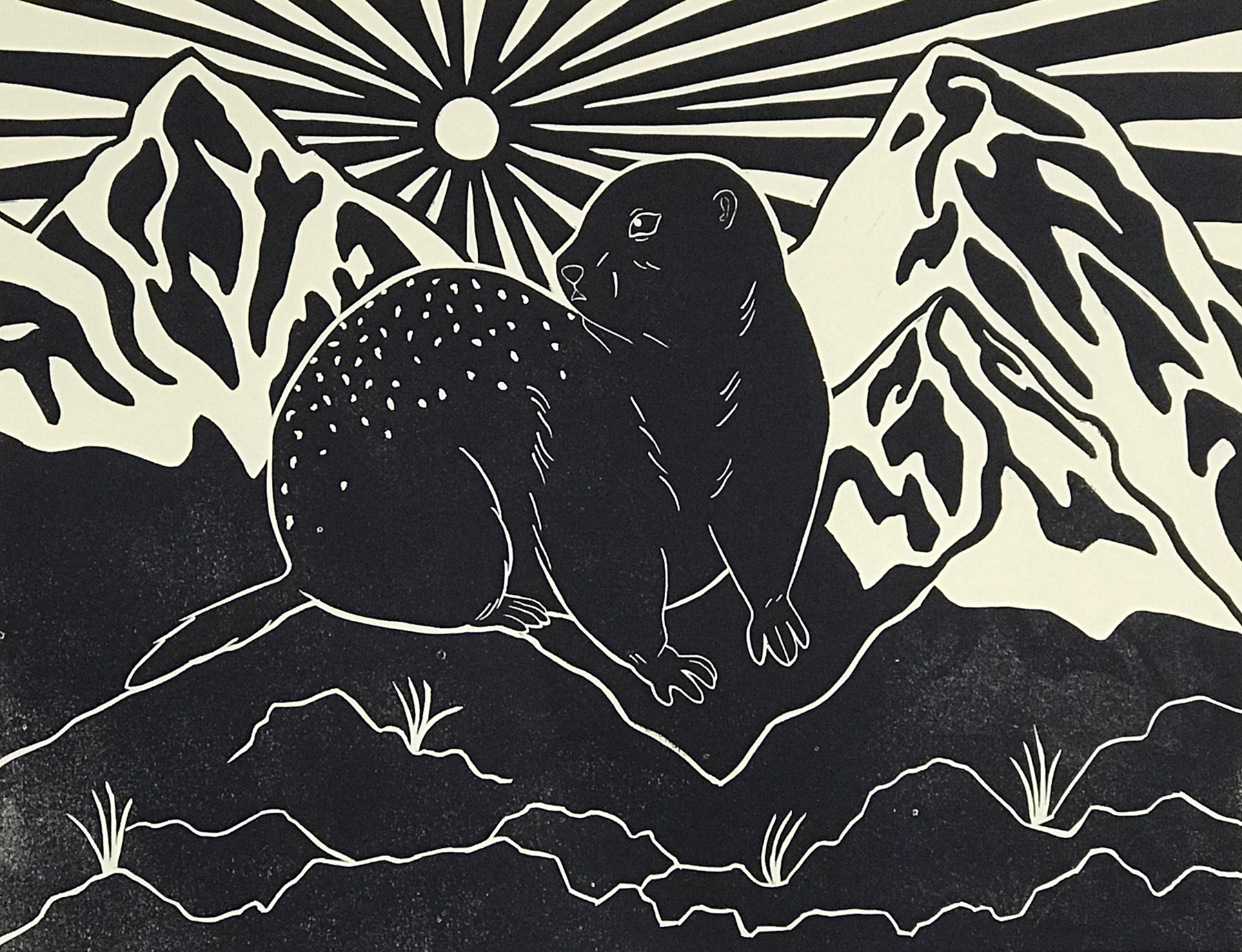 Black and white print of a pine marten with mountains and the sun in the background, courtesy of the artist