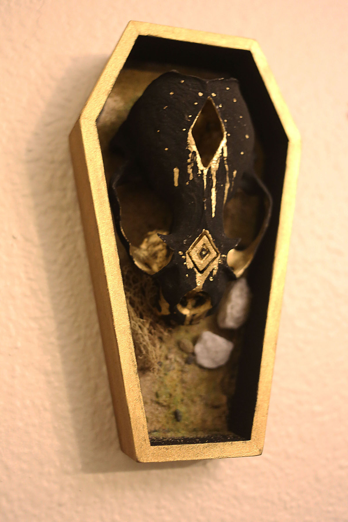 Coffin housing animal skulls, moss and fungus adorned with alocohol ink and acrylic paint. Image courtesy of Indi Walter
