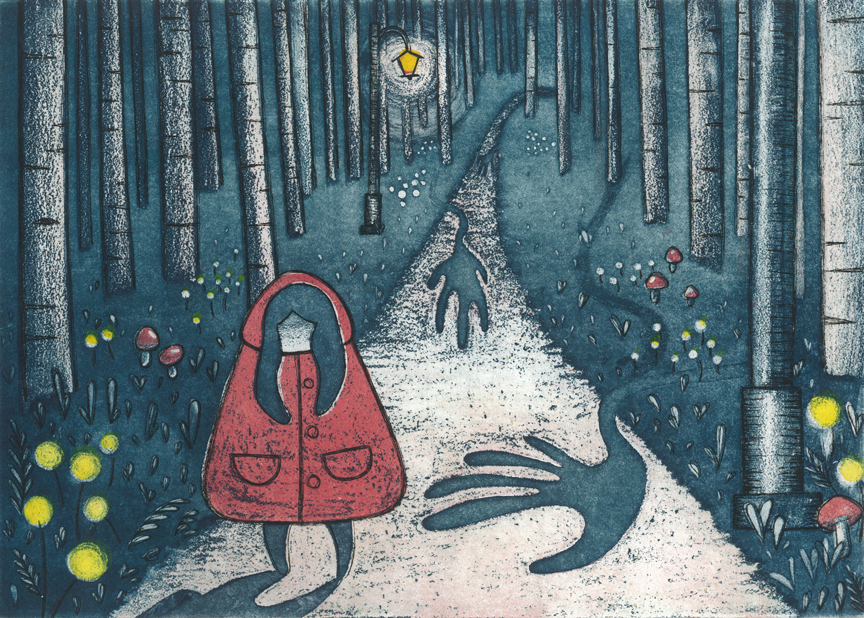 A figure in a red cloak in the woods. Long black hands are reaching towards her. Image courtesy of Jade Lamoreaux