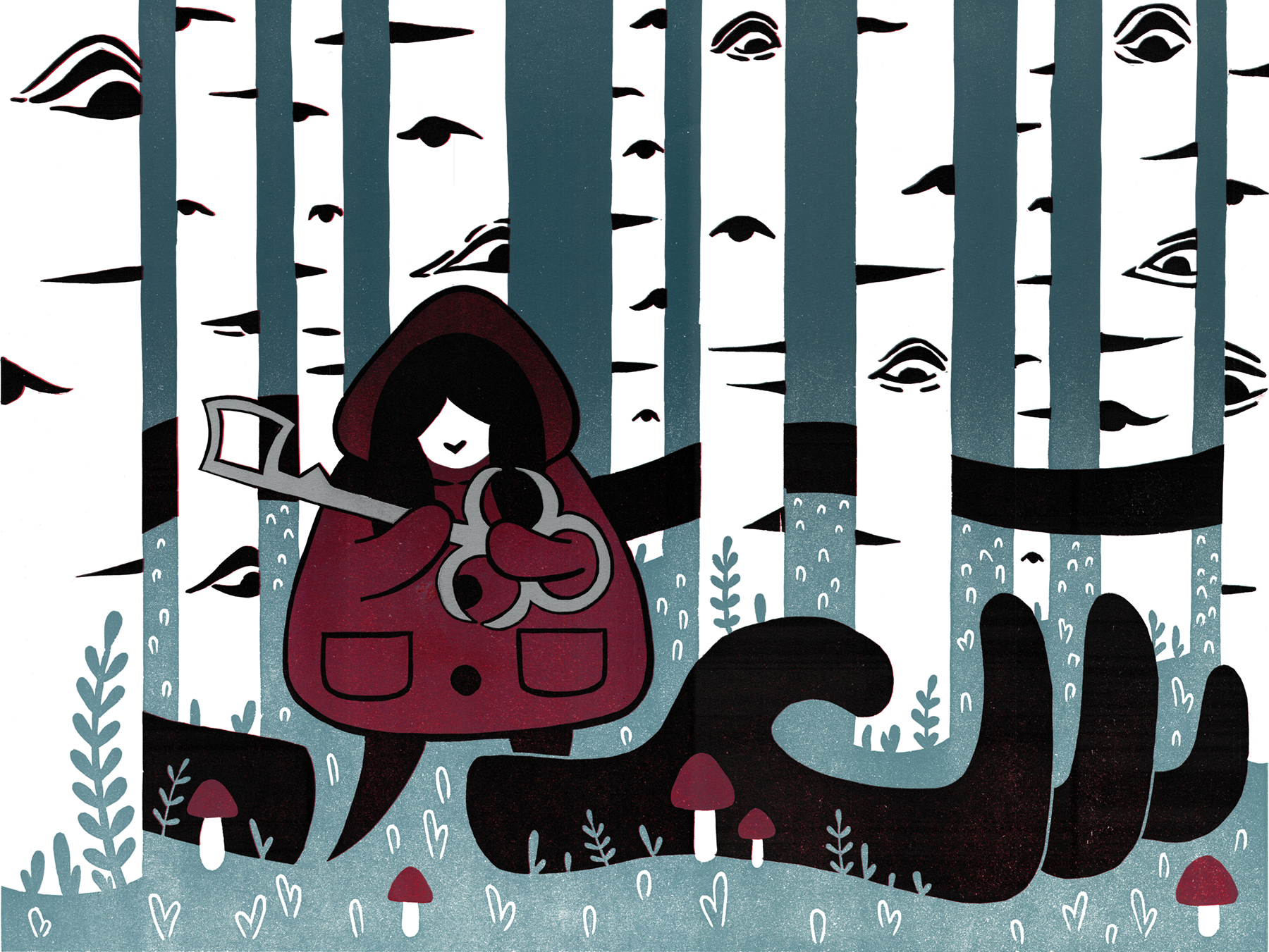 A girl in a red cloak holding a key with a severed black inky hand underneath her in the forest. Image courtesy of Jade Lamoreaux
