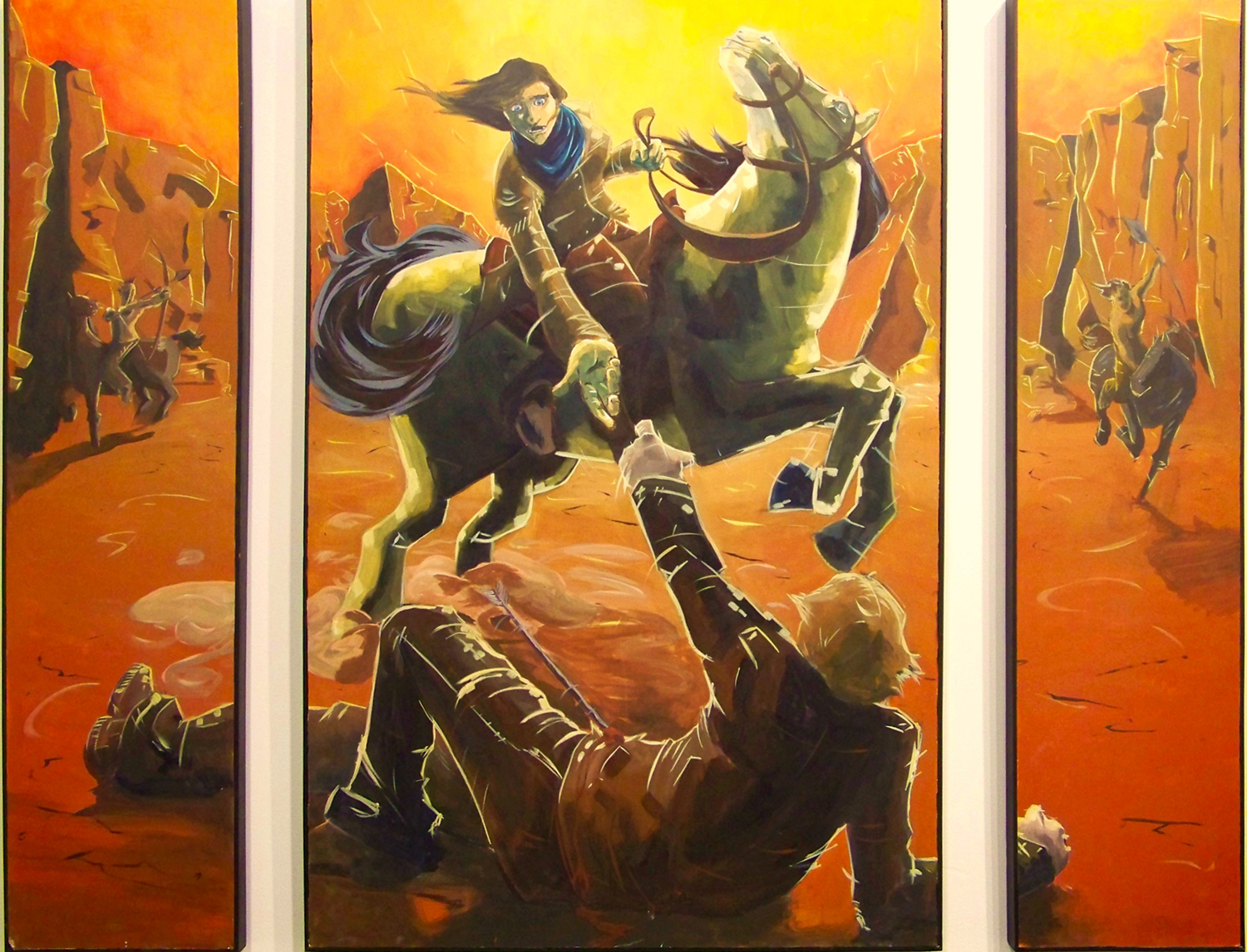 Three-panel acrylic painting of Calamity Jane on horseback reaching for a fallen man. Photo credit: Lucas Elliott