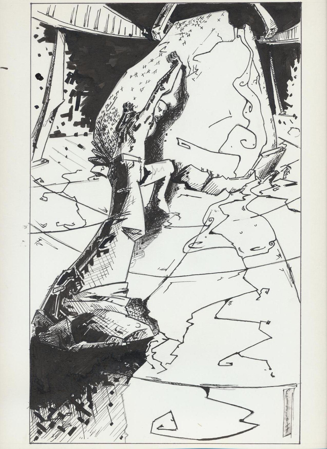 A black and white pen & ink drawing of Joe Magarac struggling to hold a molten crucible upright. Photo Credit: Lucas Elliott