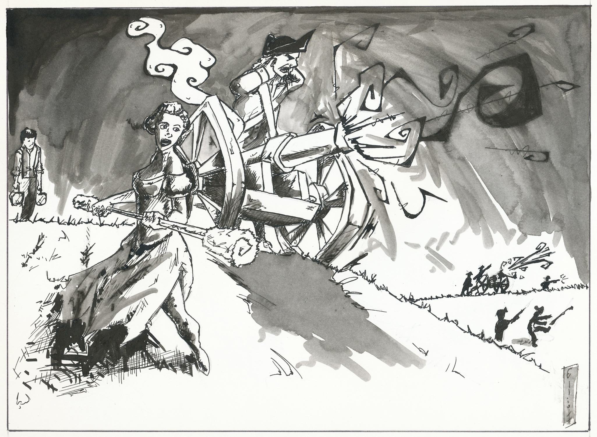 A black and white pen & ink drawing of Molly Pitcher on the battlefield, taking her fallen husband's post with the artillery, holding a rammer staff next to a canon. Photo credit: Lucas Elliott