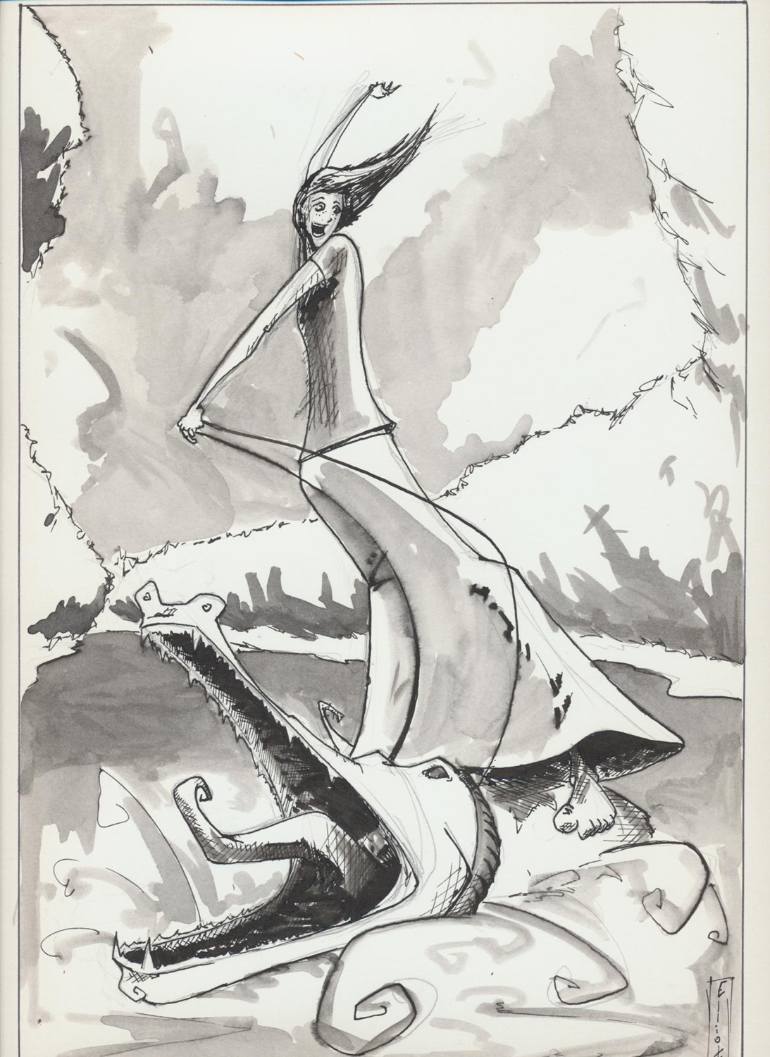 Black and white pen & ink rendition of the painting of Sal Fink, daughter of the "King of the Keelboaters" Mike Fink, rides down the Mississippi River on the back of an alligator. Photo credit: Lucas Elliott