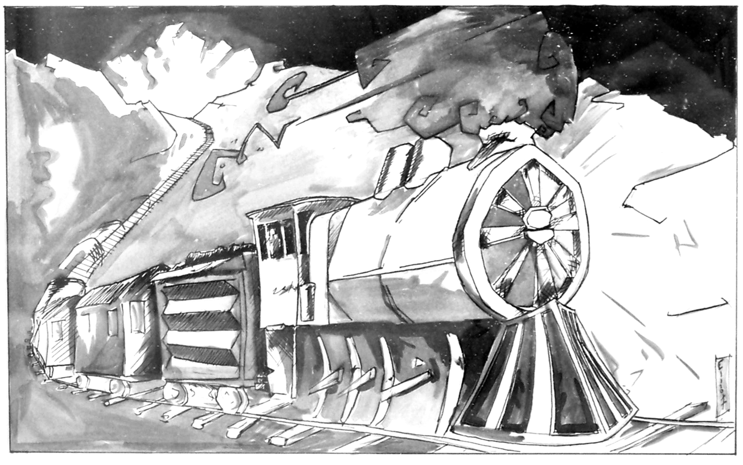 Black and white pen & ink version of the painting of Casey Jones' freight train, the Cannonball Express, in an explosion as the trail derails. Photo credit: Lucas Elliott