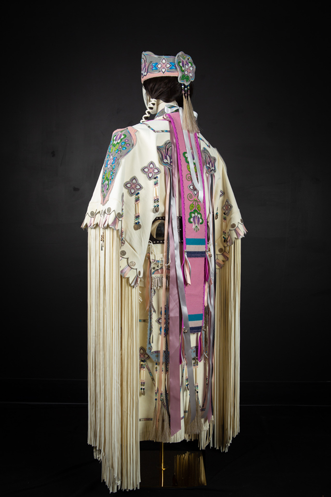 Back view of Native American hand sewn regalia by Michelle Bailey. Photo courtesy of the artist