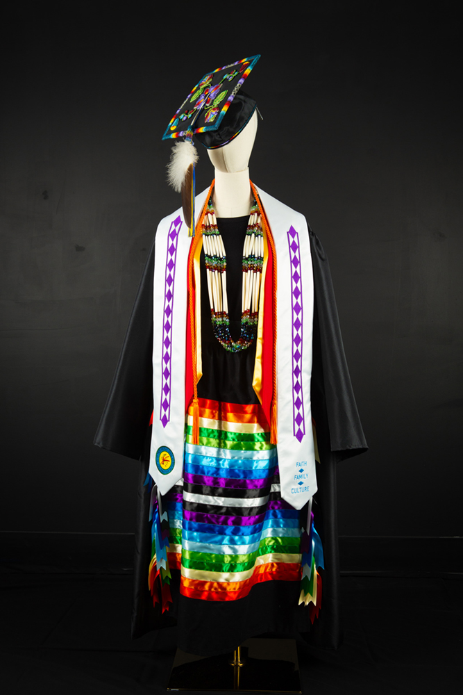 Native American styled graduation regalia with beading by Michelle Bailey. Image courtesy of the artist