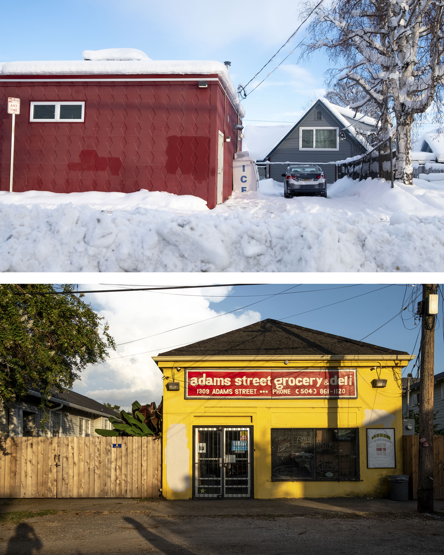 A diptych of a red building in the snow in Fairbanks over a yellow building against a sunny sky in Louisiana, courtesy of the artist