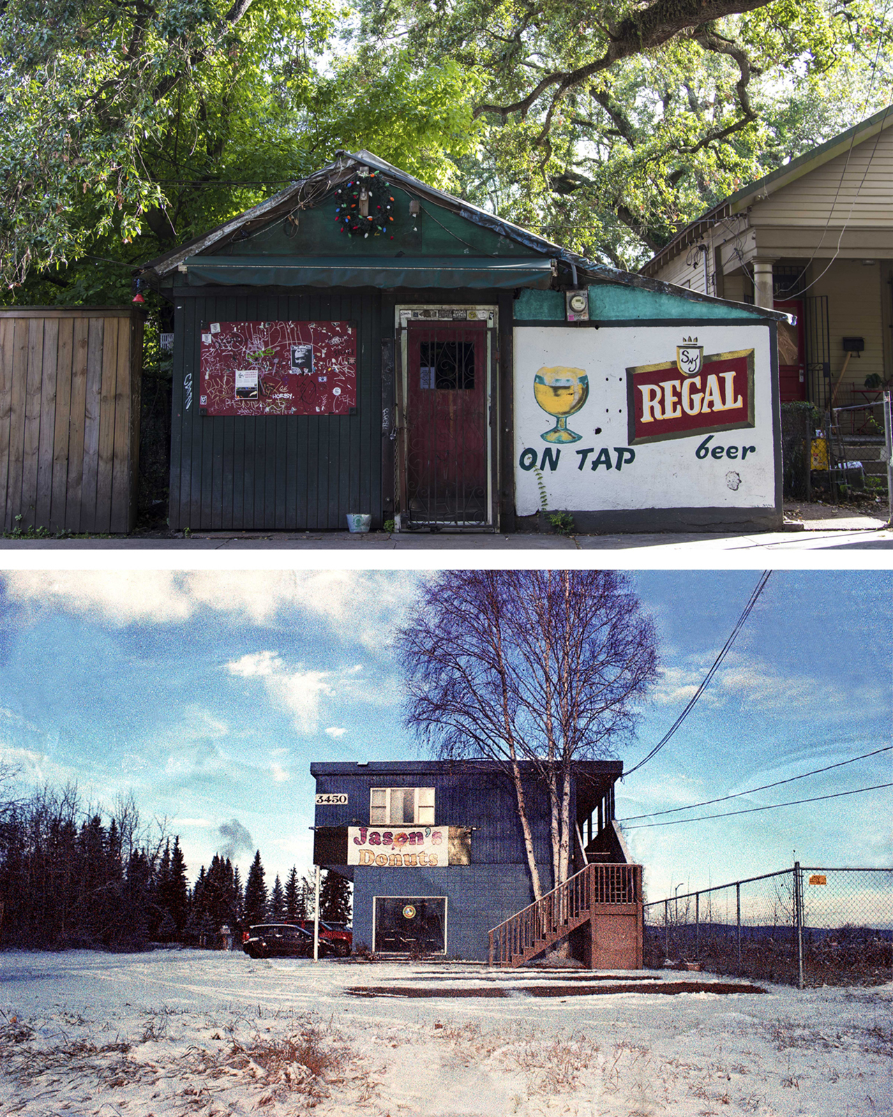 Standalone buildings in Alaska and Louisiana, courtesy of the artist