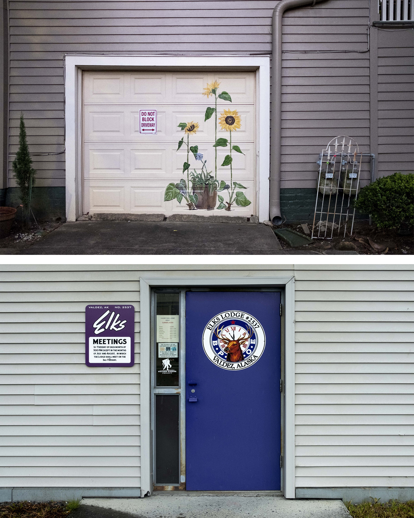 A garage door painted with flowers, a blue door for the Elks club, courtesy of the artist