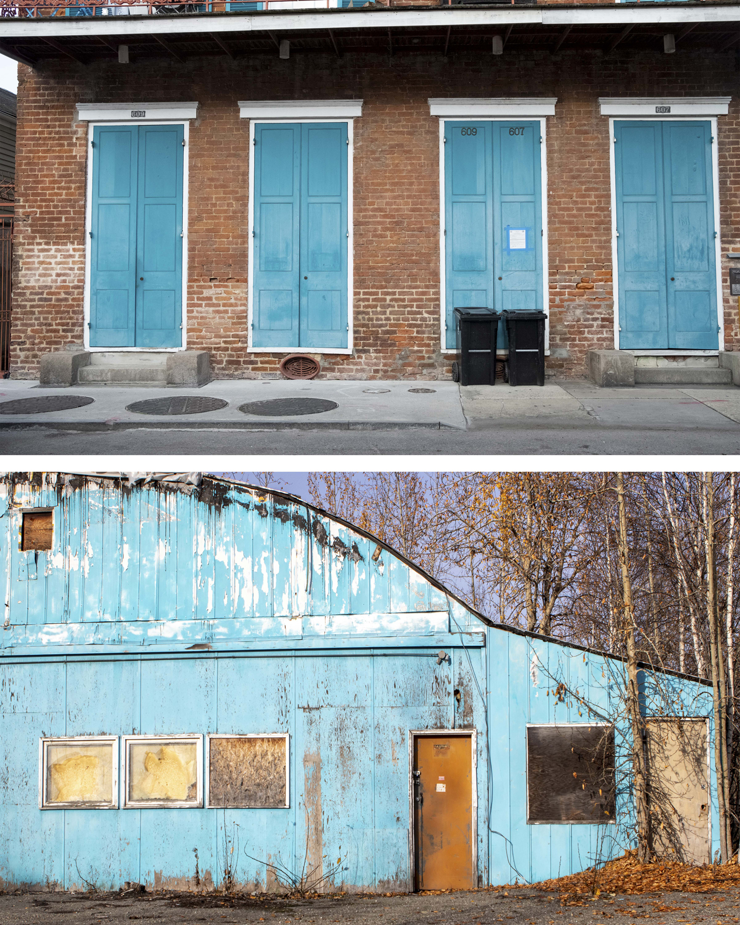 A row of blue doors on a building in Louisiana and a matching blue building in Fairbanks, courtesy of the artist