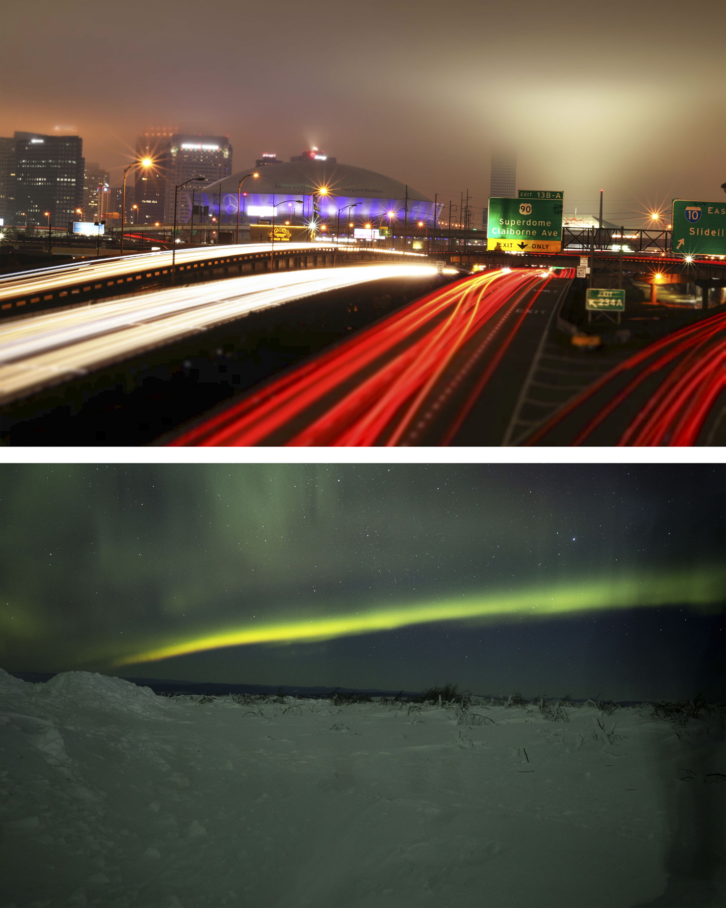 Light trails from traffic in Louisiana and the northern lights in Alaska, courtesy of the artist