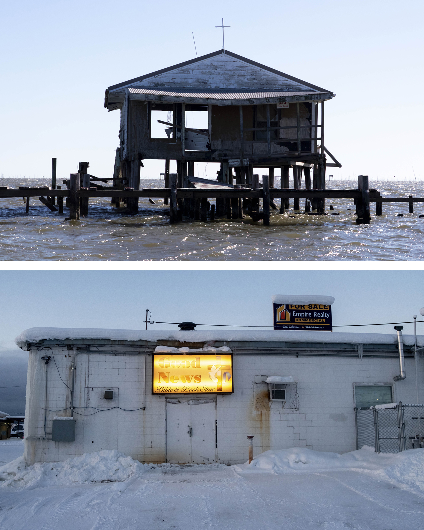 A shack on the beach and a building in the snow, courtesy of the artist