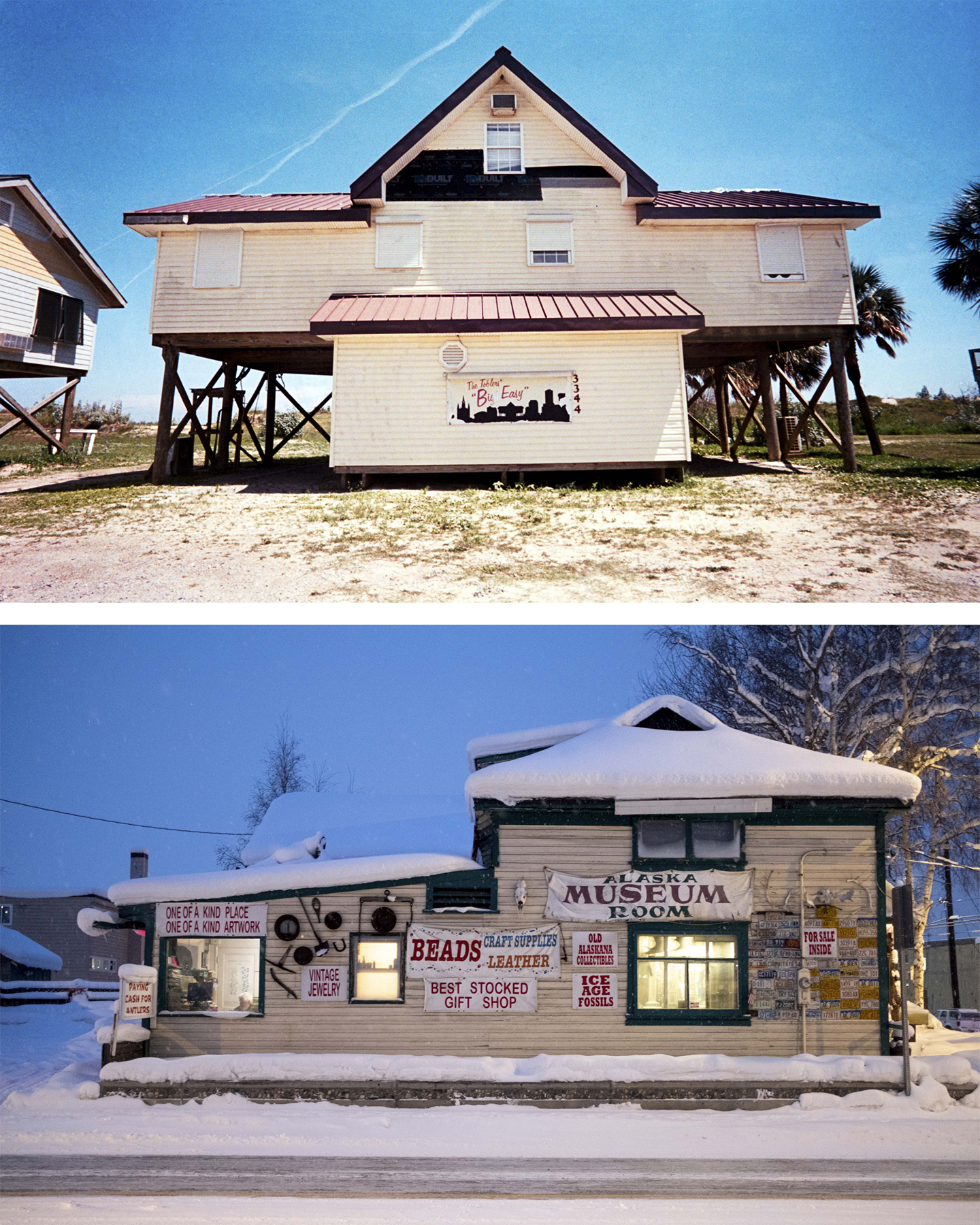 Homefront on the beach in Louisiana versus Alaska museum storefront in downtown Fairbanks, courtesy of the artist
