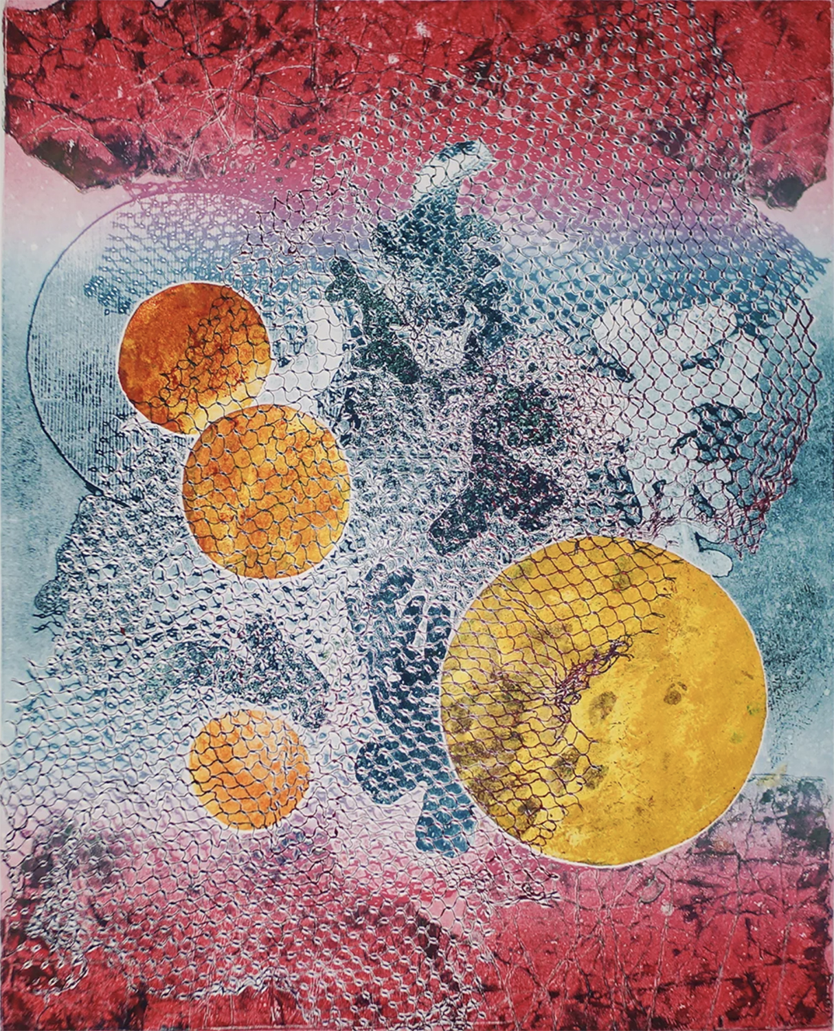 Abstract, textured warm-toned monotype print featuring planet-like circles. Image courtesy of Naomi Hutchquist
