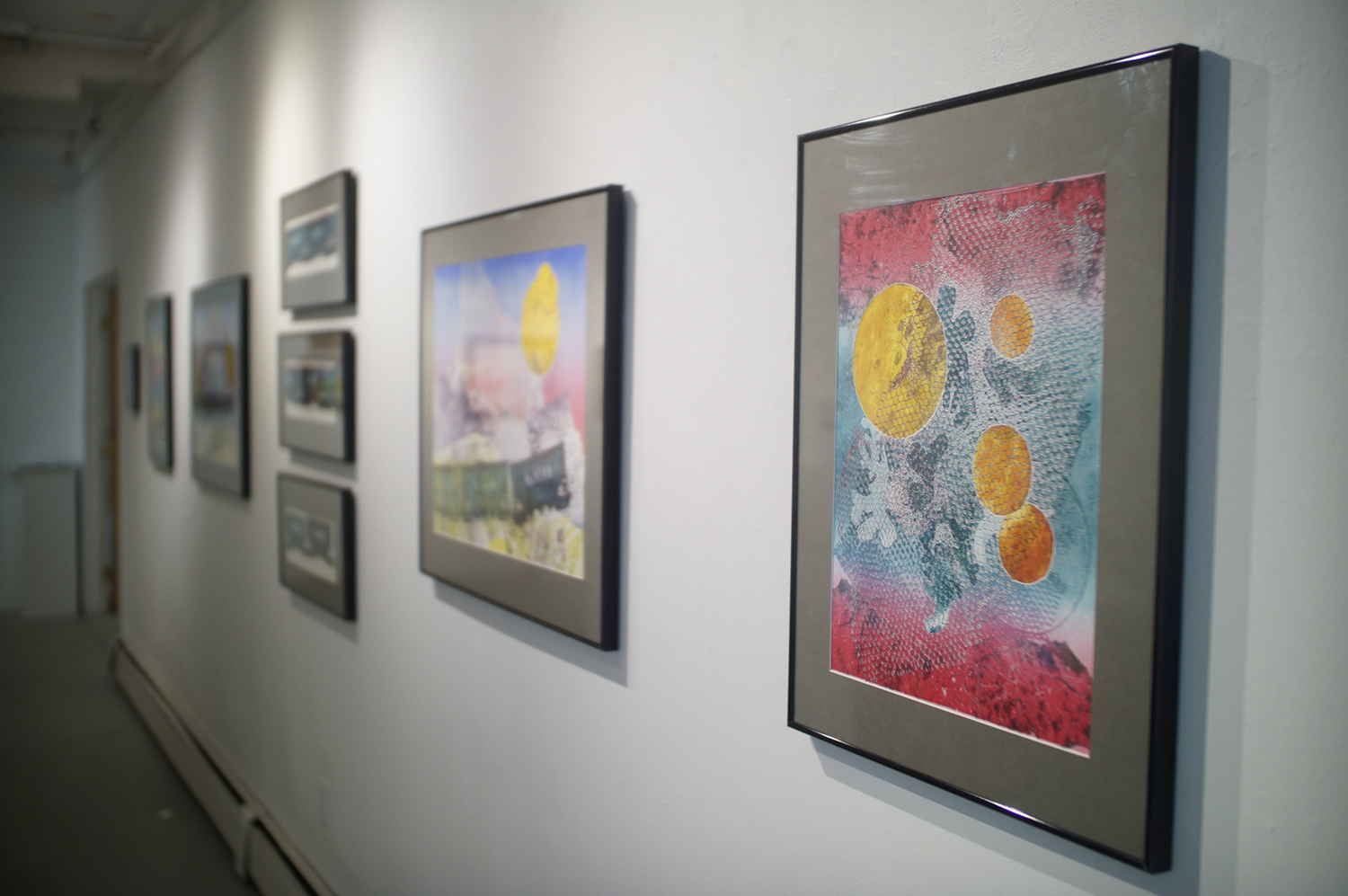 A view down the wall of monoprints hung at Naomi Hutchquist's 2019 BFA thesis exhibition, Wheels of Life, held at the Well Street Art Company gallery. Image courtesy of Naomi Hutchquist 