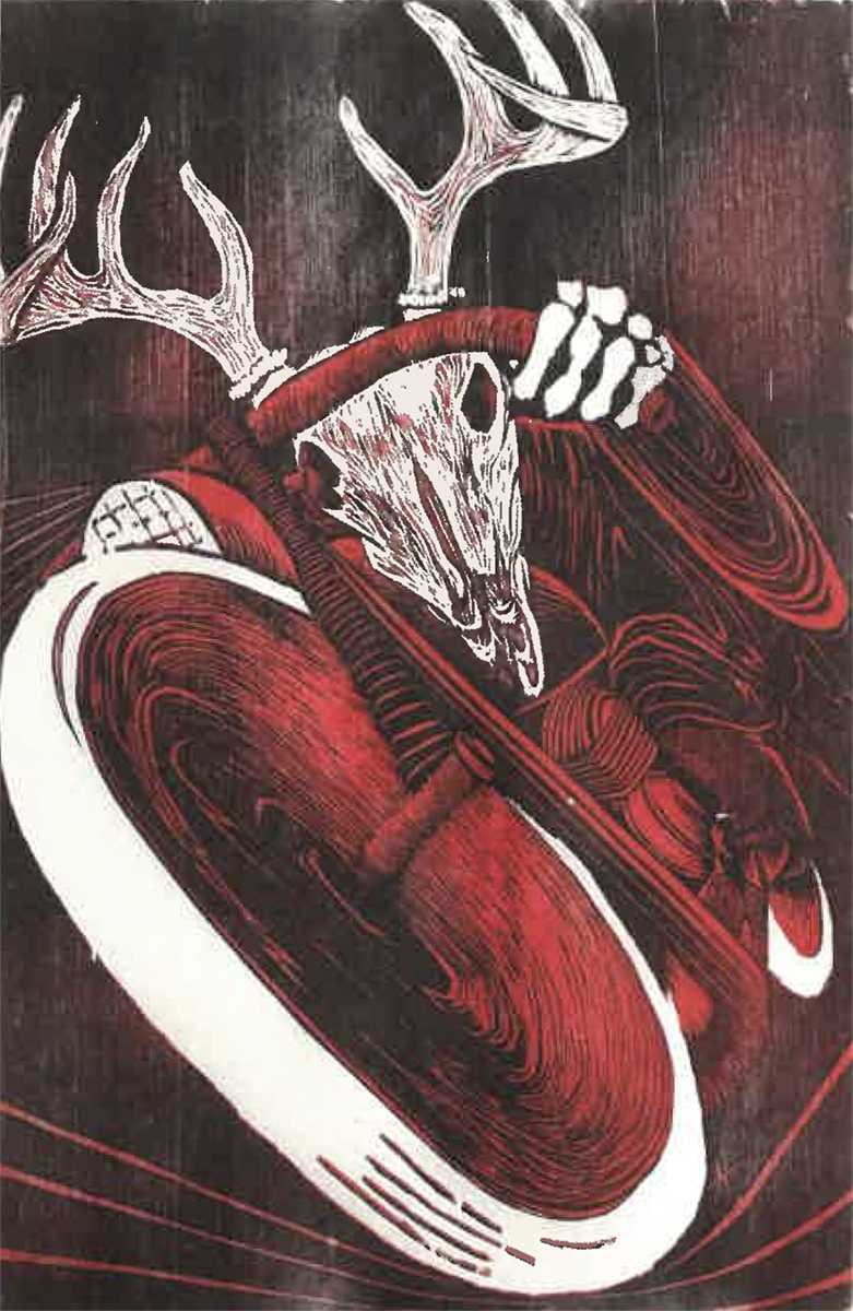 Skeleton with antlers riding a motorcycle. Image courtesy of Naomi Hutchquist