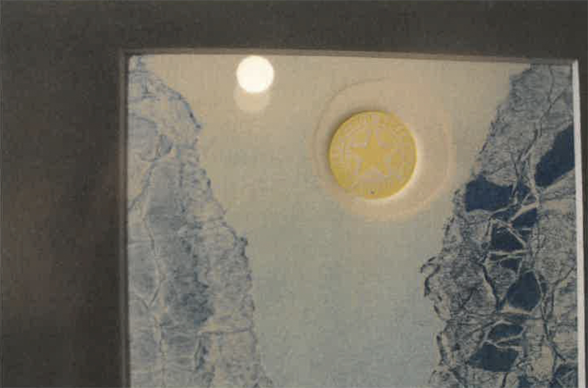 Detail of the impressed sun on the abstract monoprint of Sun Valley. Image courtesy of Naomi Hutchquist