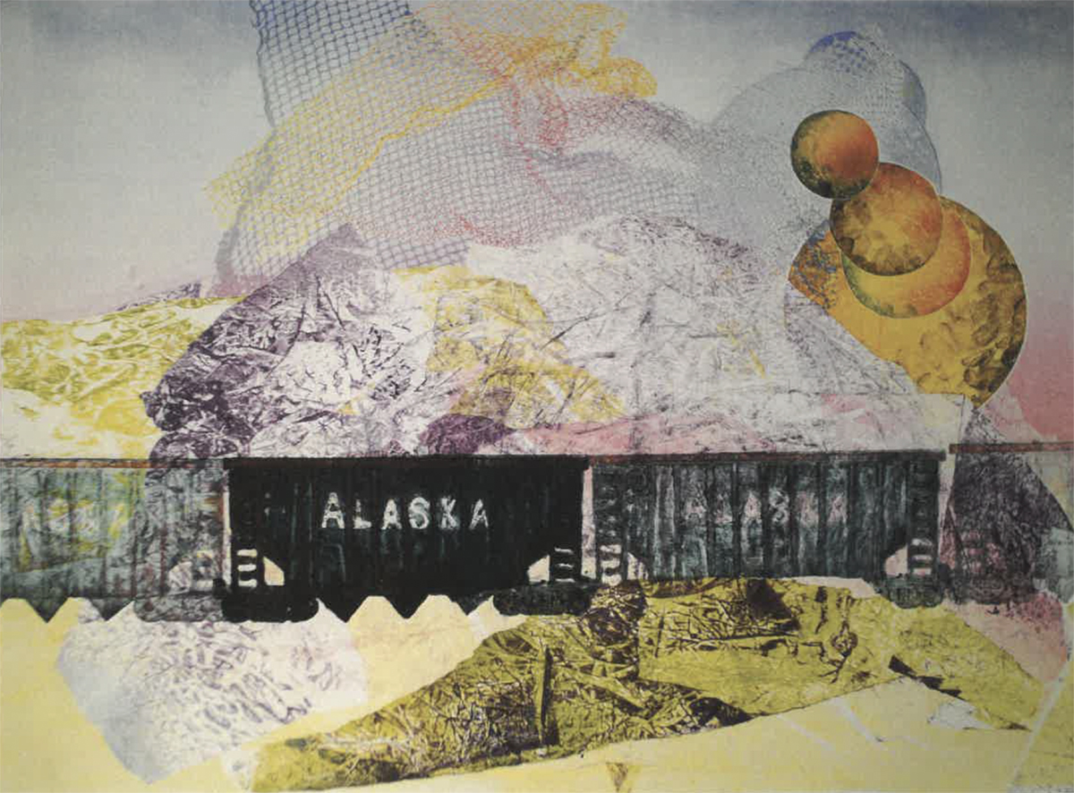 Textured monotype print of an Alaskan train traveling through a surreal purple and green landscape. Image courtesy of Naomi Hutchquist
