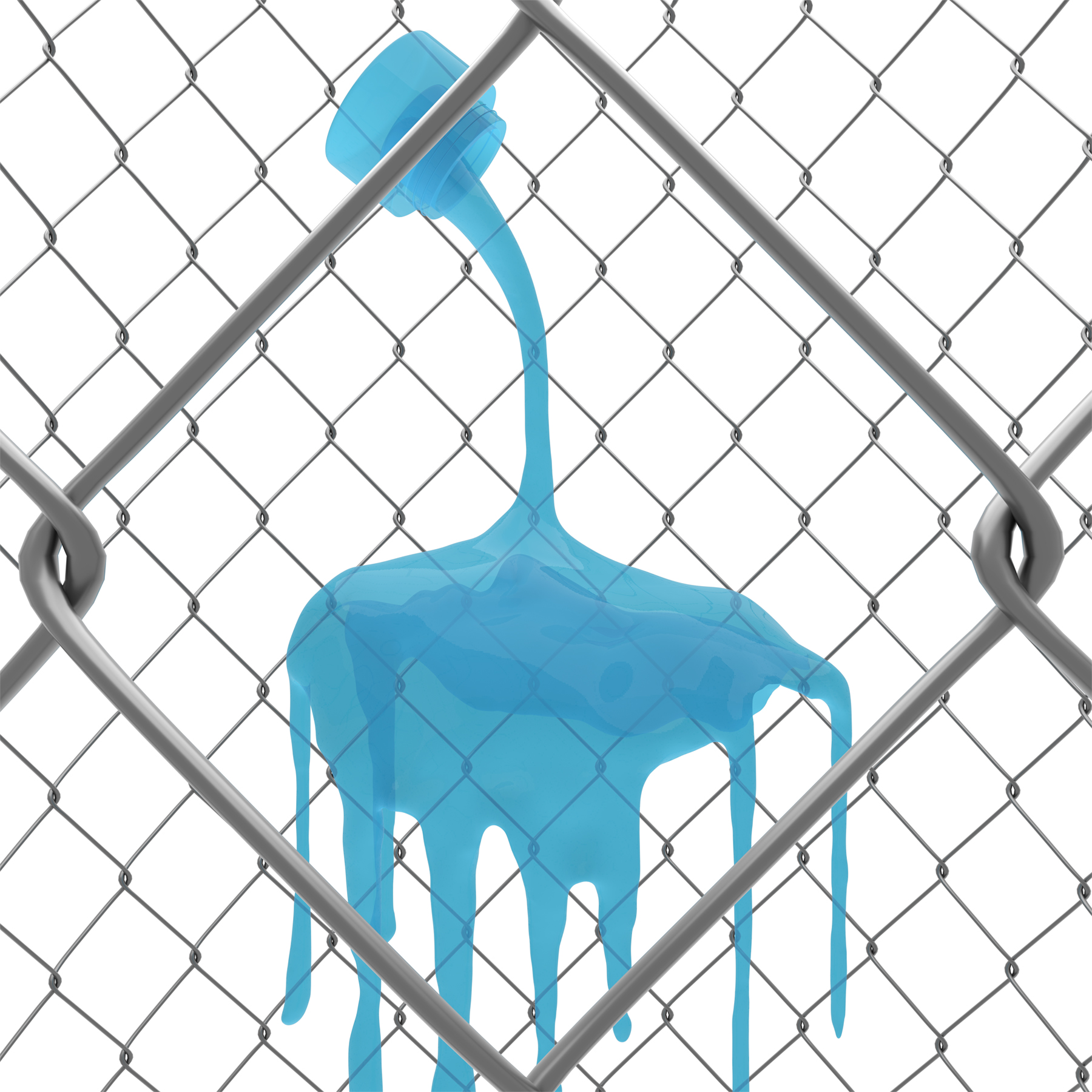 A blue liquid is poured over a chain link fence, courtesy of the artist