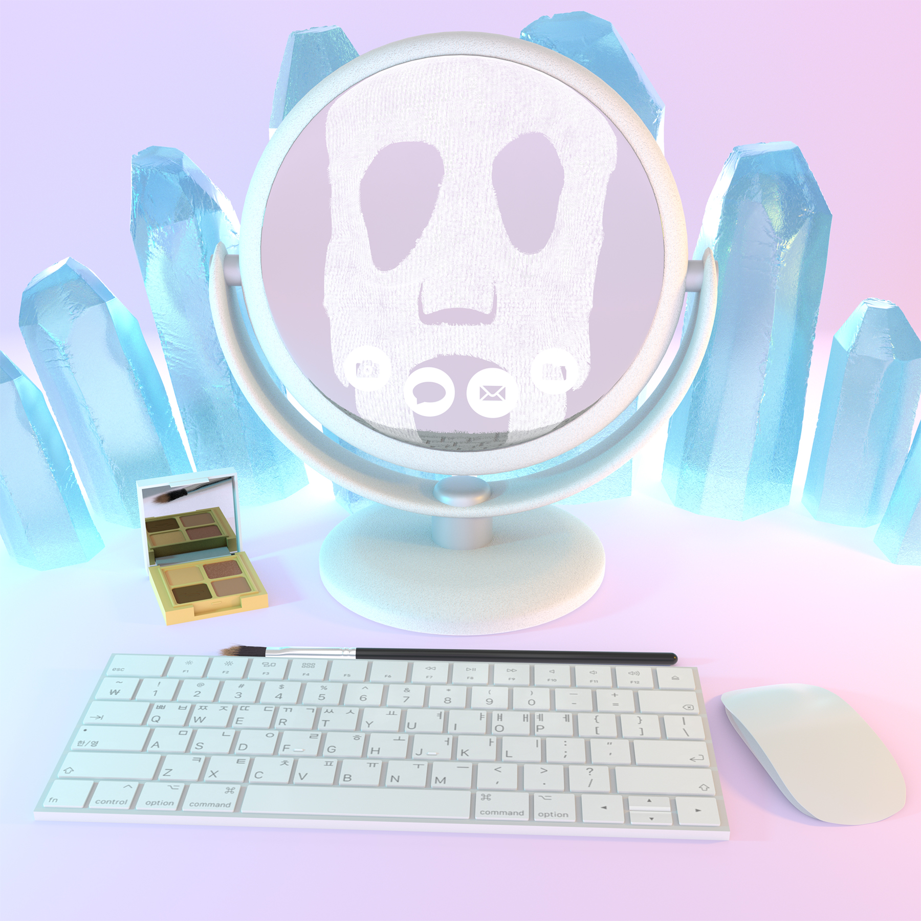 A small mirror reflects a sheet mask and computer app symbols. A keyboard, mouse and cosmetic products surround it. A row of blue crystal points are in the background. Courtesy of the artist