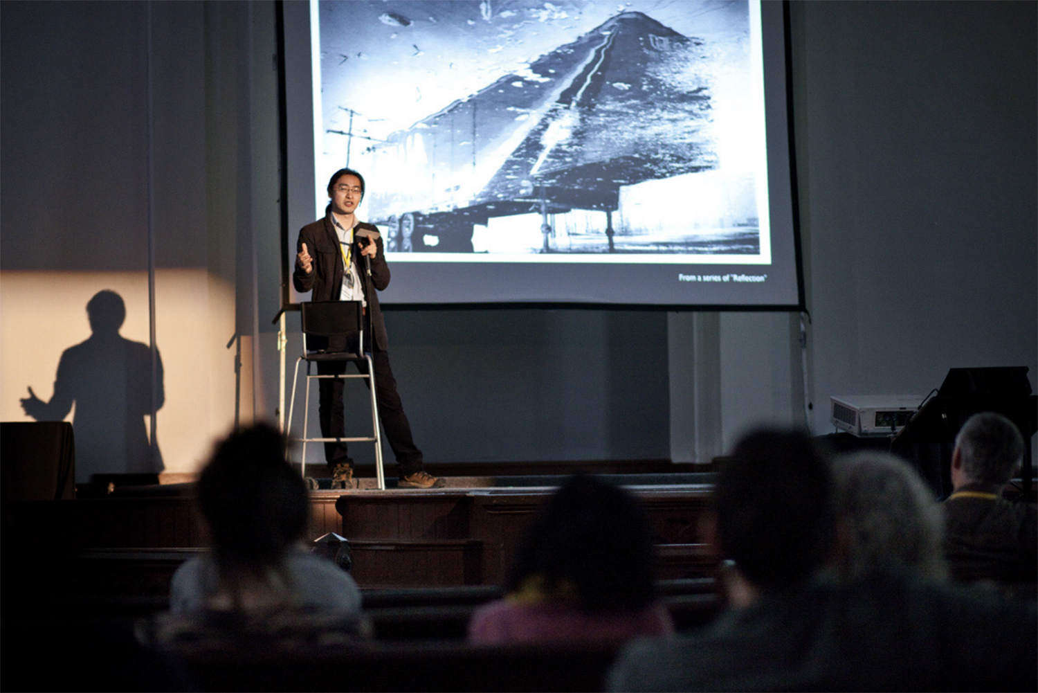 Ryota Kajita presenting his MFA thesis work, Ice Formations. Image courtesy of the artist