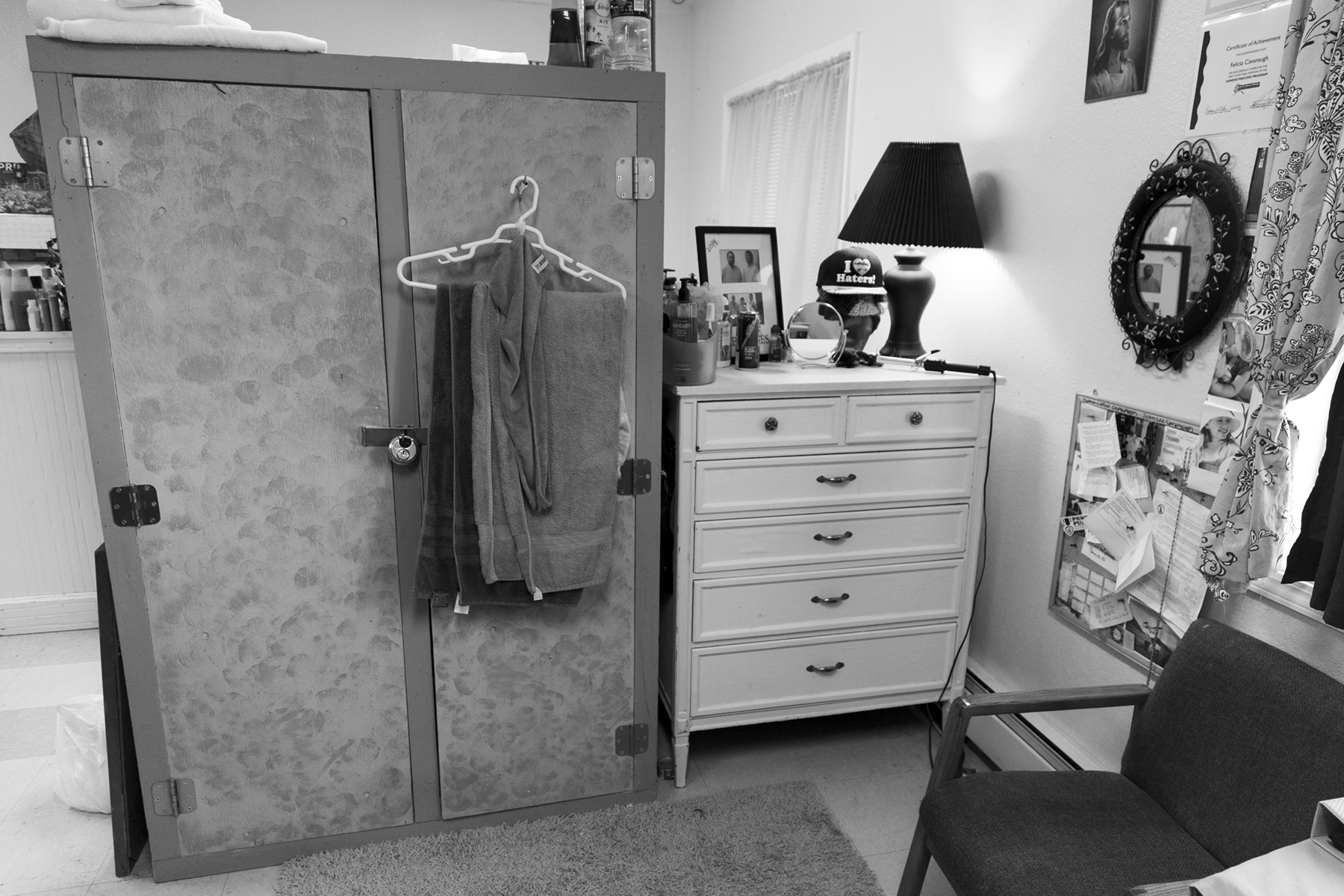 Felicia Cavanaugh’s green pad locked closet stands tall acting as a room divider on April 28th 2018 at the Fairbanks Rescue Mission. Courtesy of the artist