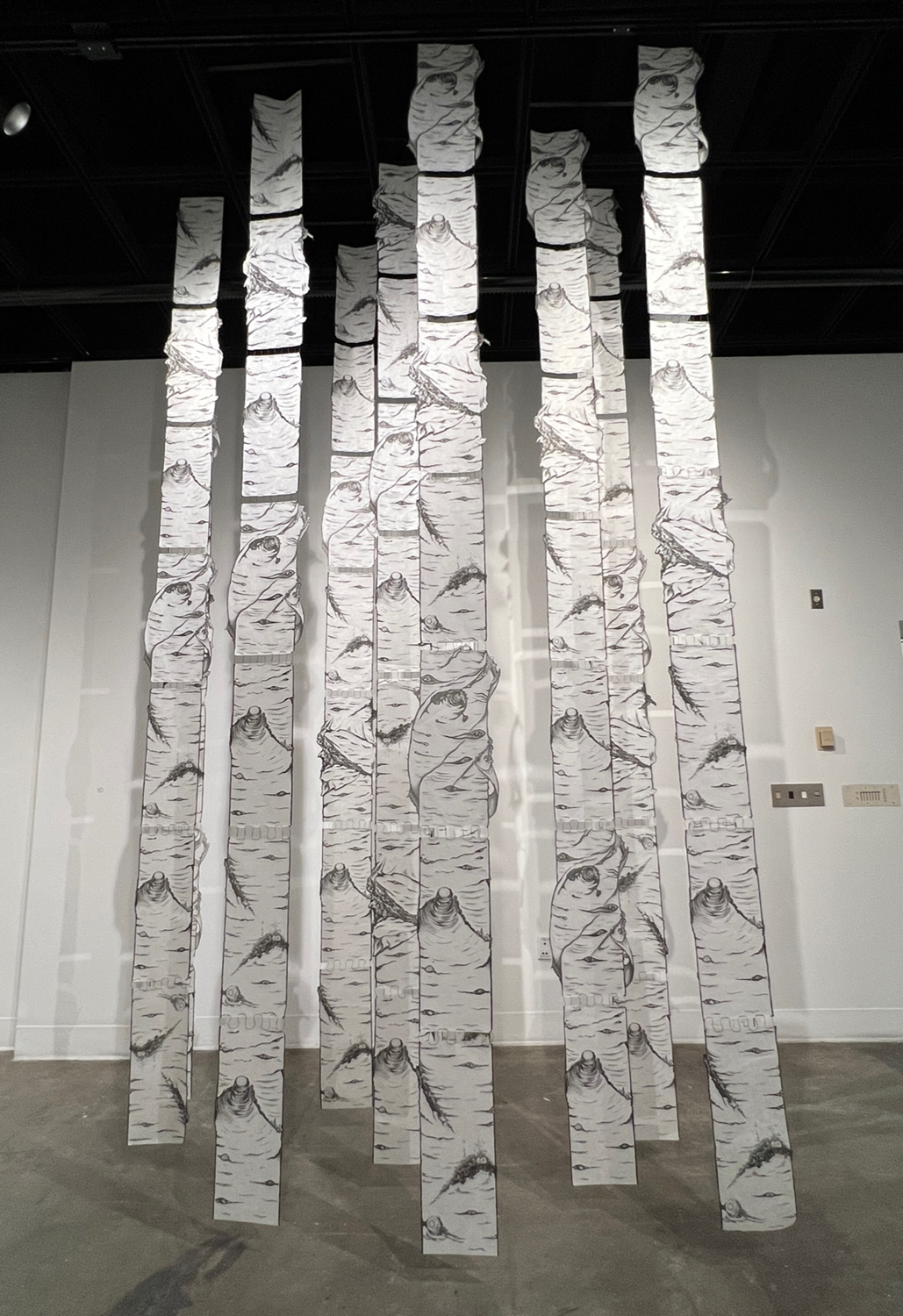 A tall paper birch tree forest hangs from the ceiling of the UAF Art Gallery during Susan Andrews' MFA exhibition, The Cascade Effect. Image courtesy of the artist