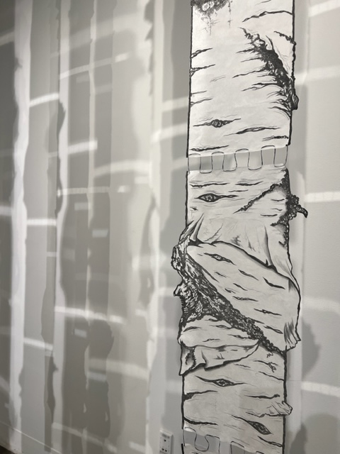 A detailed image of one of the paper birch trees installed in The Cascade Effect, Susan Andrews' MFA exhibition in the UAF Art Gallery. Image courtesy of the artist