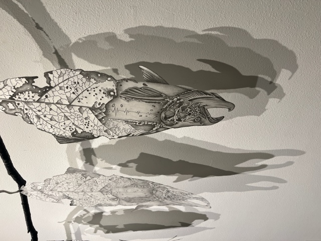 Beauty of Decay: A Catalyst For Change - Detailed image of a leaf/salmon hybrid art piece by Susan Andrews in her MFA exhibition The Cascade Effect, image courtesy of the artist