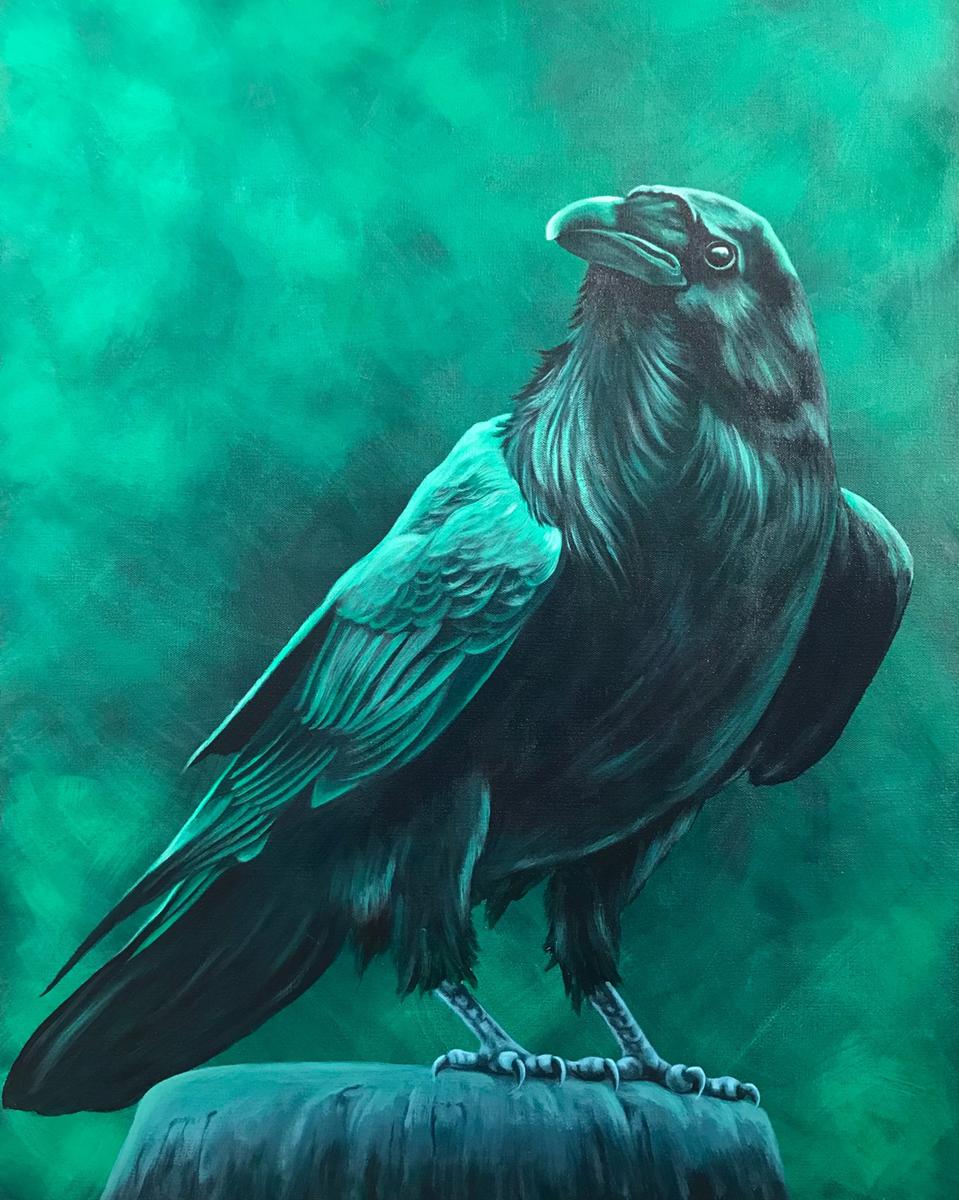 Monochromatic green painting of a raven by Susan Andrews