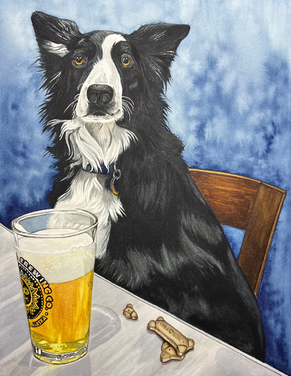 A dog sitting in a chair at a table with a pint of beer and a dog biscuit in front of it. Watercolor by Susan Andrews