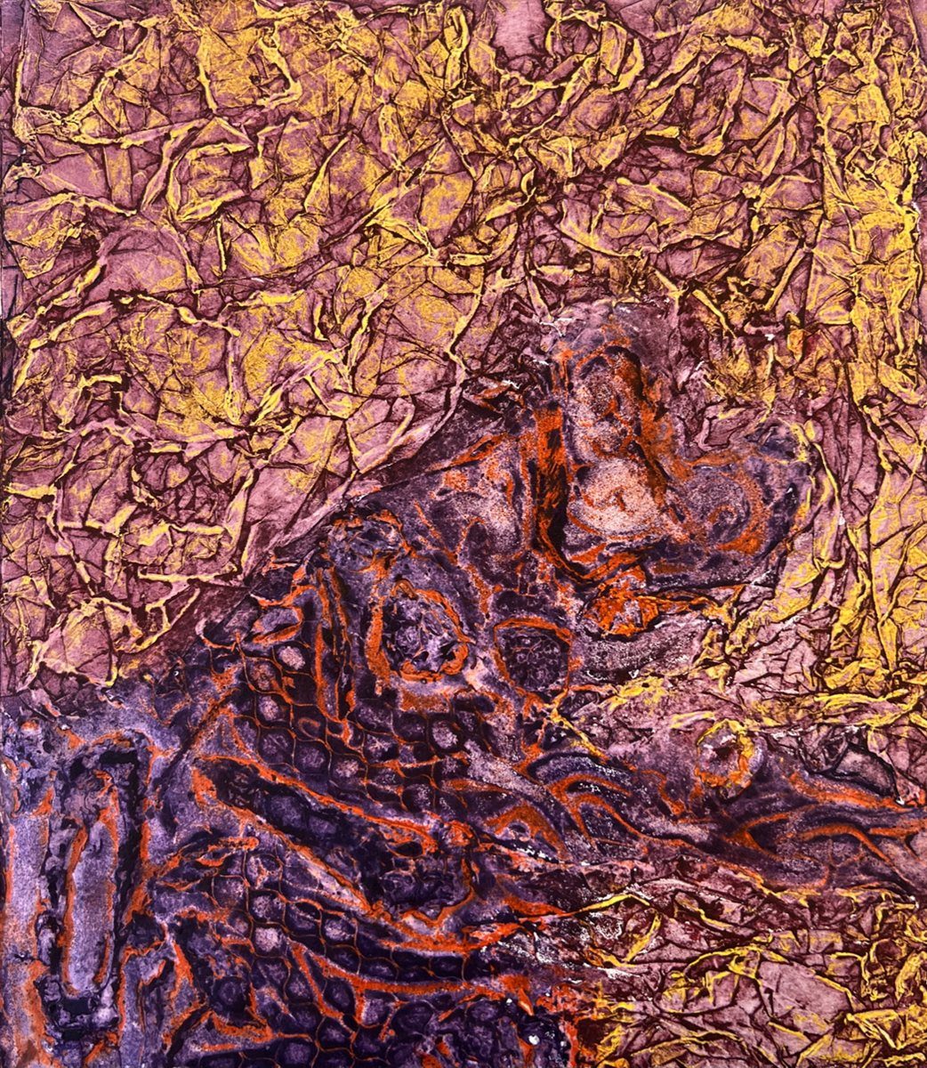 abstract textured collagraph print in shades of reds, purples and yellows. Print by Susan Andrews.