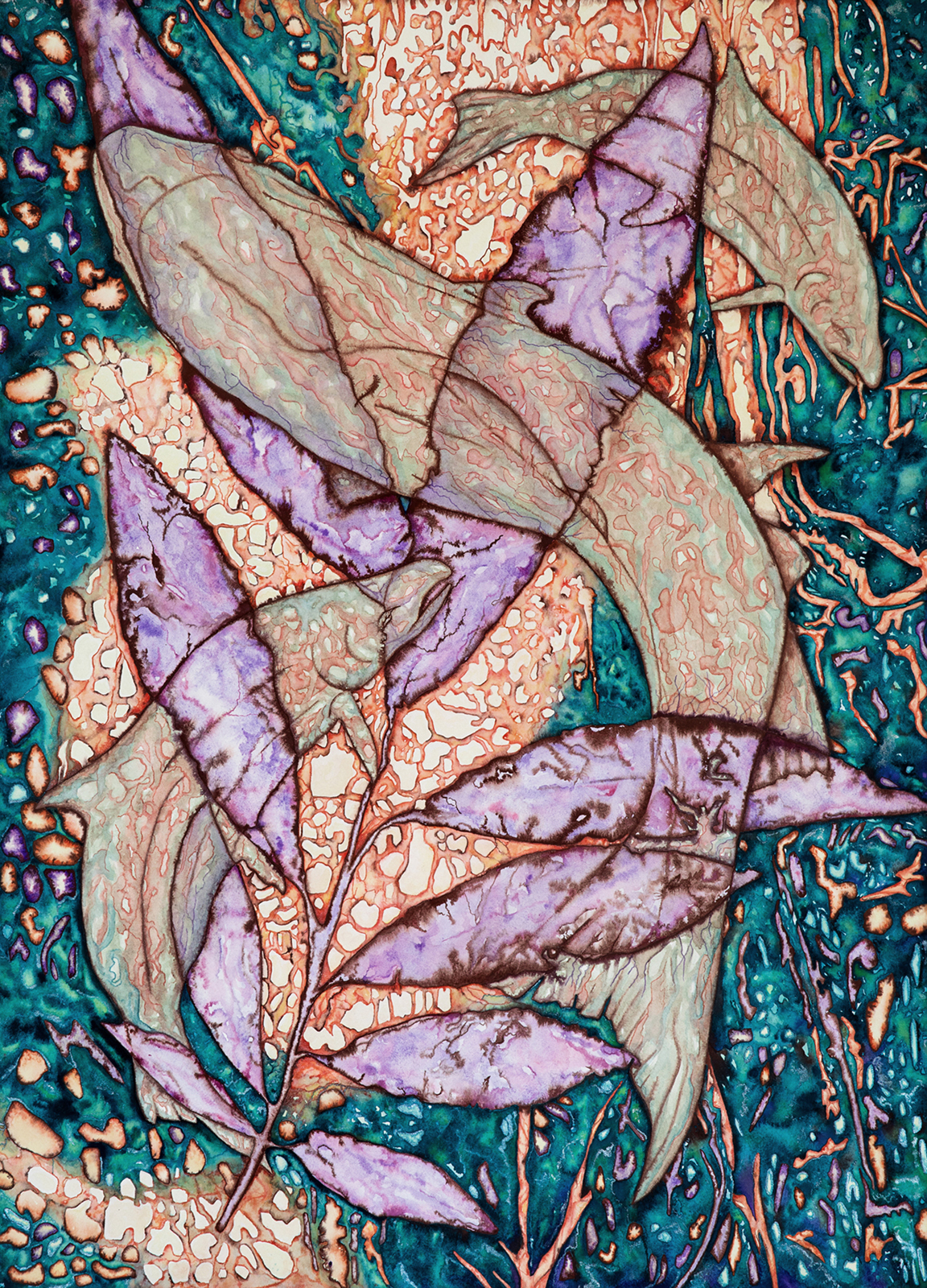 brightly colored painting showing the purple impression of a leaf. Image courtesy of Susan Andrews