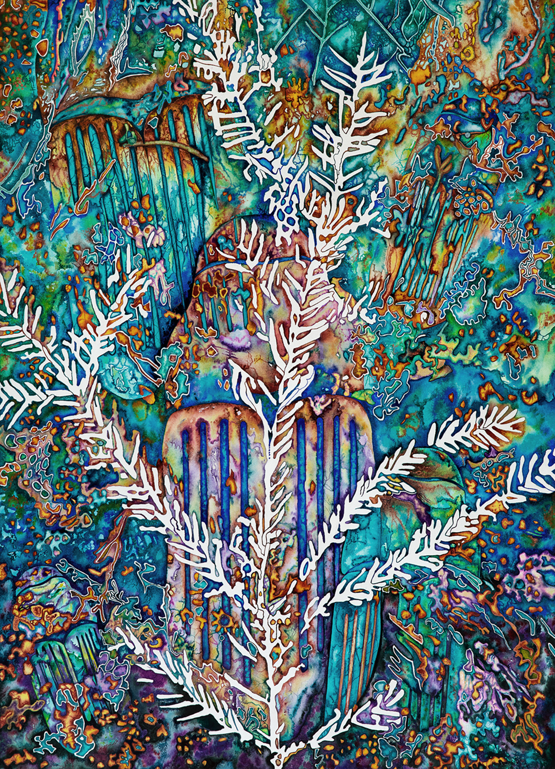 Brightly colored abstract painting featuring the impression of an evergreen branch. Image courtesy of Susan Andrews