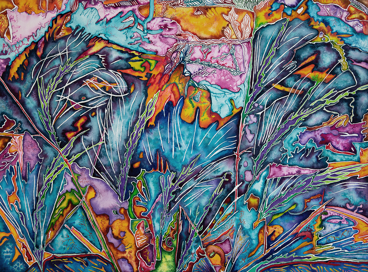 Brightly colored abstract painting with organic pine needle-like impressions. Image courtesy of Susan Andrews