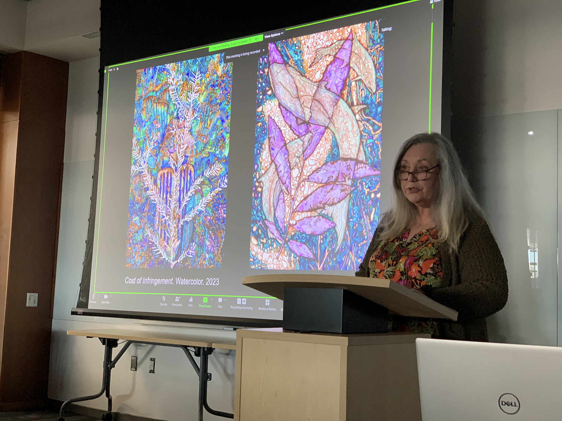 Susan Andrews during her MFA thesis presentation, The Cascade Effect. Image courtesy of the artist