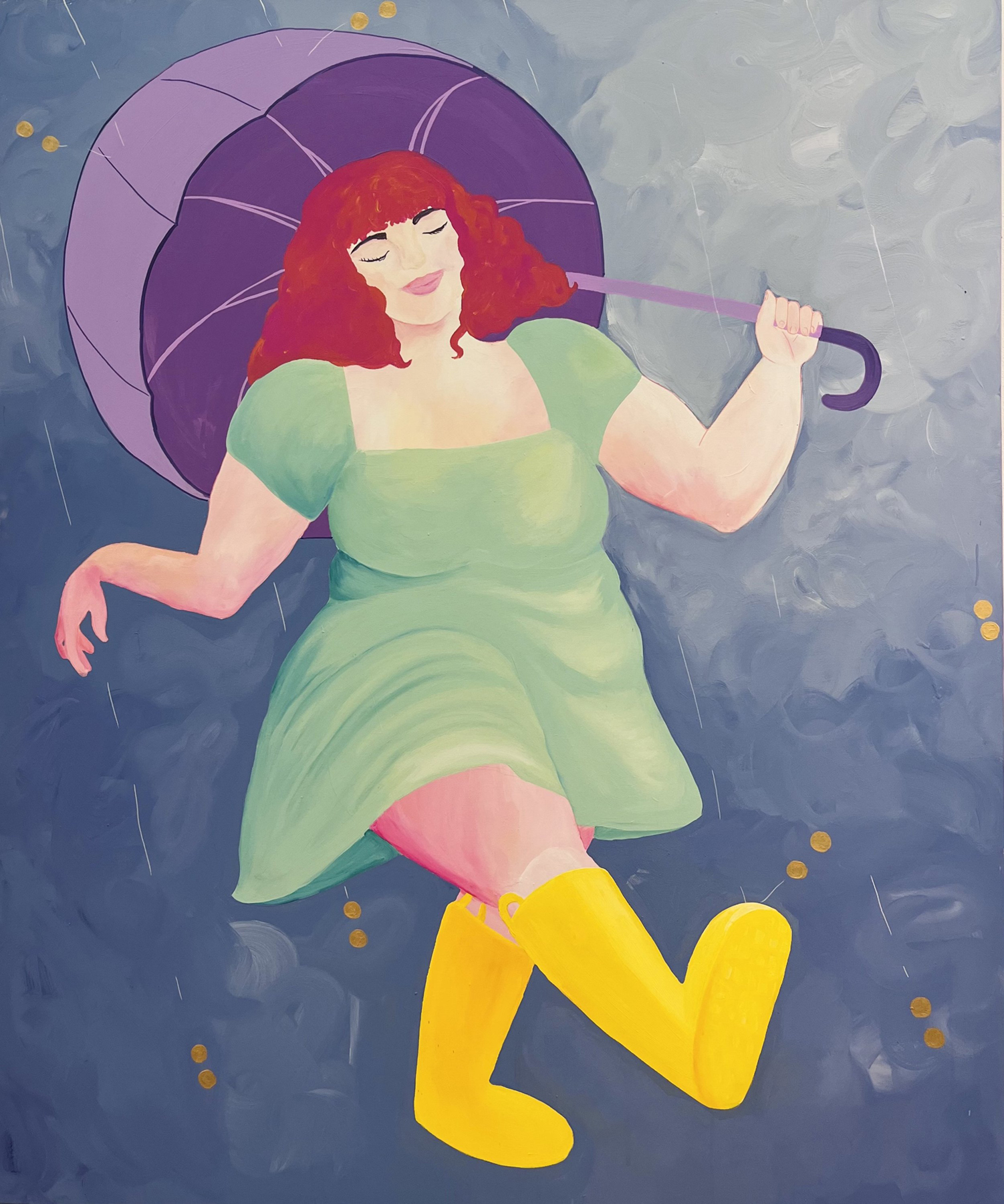 A smiling woman walks through the rain holding an umbrella, courtesy of the artist
